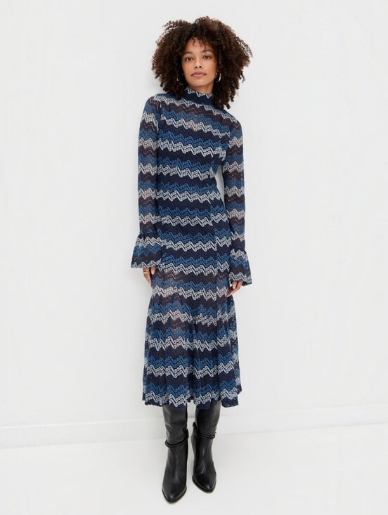 En Saison Dresses & Skirts - En Saison Lorrae Navy Tonal Zigzag/Chevron Pattern Lace Midi Dress, M, Boho Fall